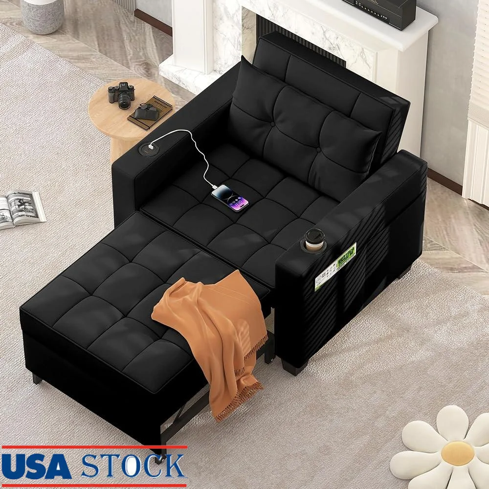 3-in-1 컨버터블 소파 침대 USB 포트가 있는 의자 꺼내기 컵 홀더 조정 가능한 안락 의자 작은 공간 보관 주최자