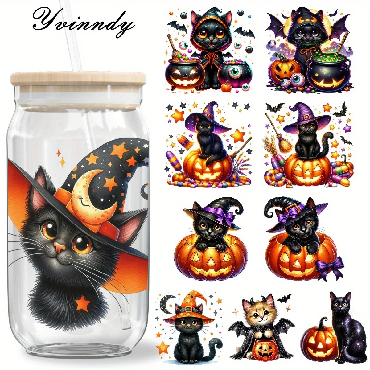 

5 шт./компл. Хэллоуин кошка 16 унций стеклянная банка переводная бумага УФ DTF высокая самоклеящаяся переводная бумага подходит для украшения чашек