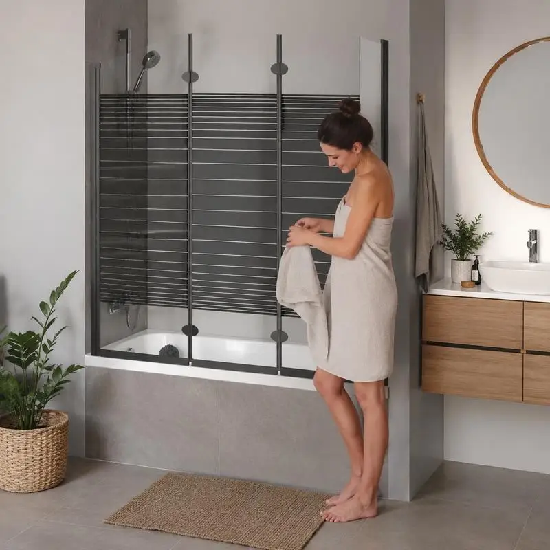 Paravent de baignoire trois plis avec verre trempé et cadre en aluminium, conception anti-éclaboussures, cloison de salle de bain moderne, couleur noire, dimensions 130x130 cm, adapté aux espaces sanitaires résidentiels.