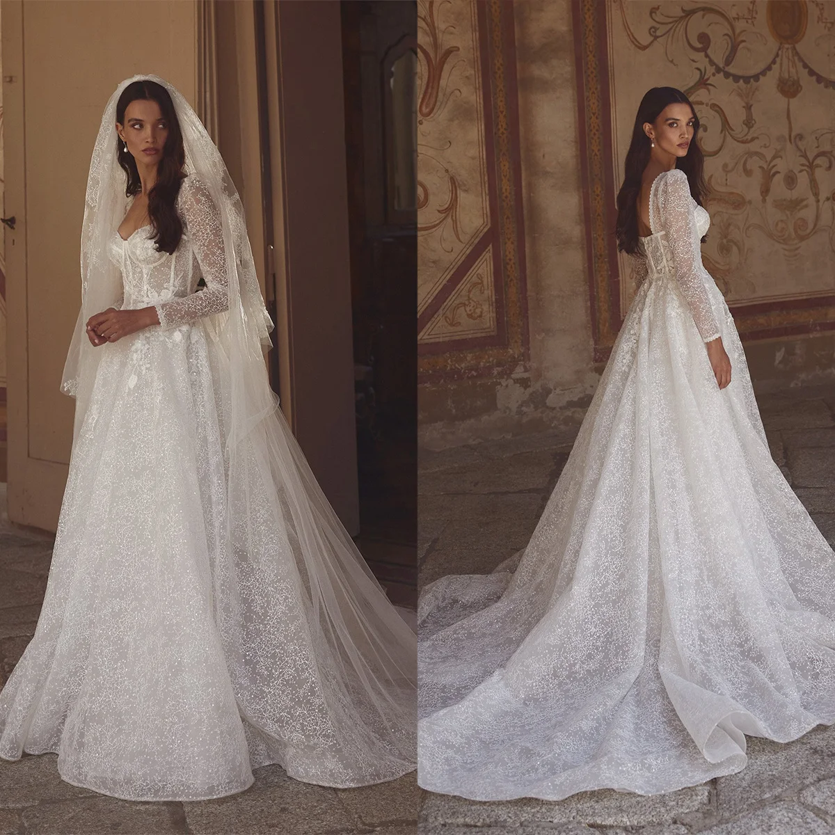 

Luxury A Line Wedding Dresses V Neck Long Sleeves Appliques Lace Tulle Bridal Gowns Custom Made Backless Sweep Train Boho Robe