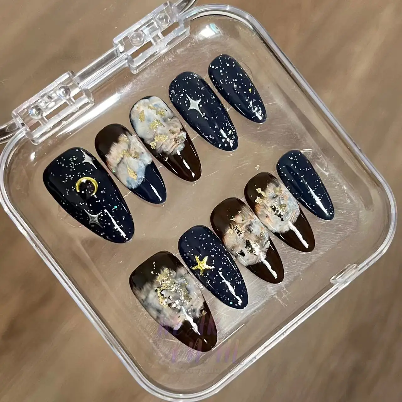 10PCS Handmade Wearable Baroque Almond Fake Nails with Marble Smudging Charm Hand Drawn Pattern Design Full Cover Press on Nails