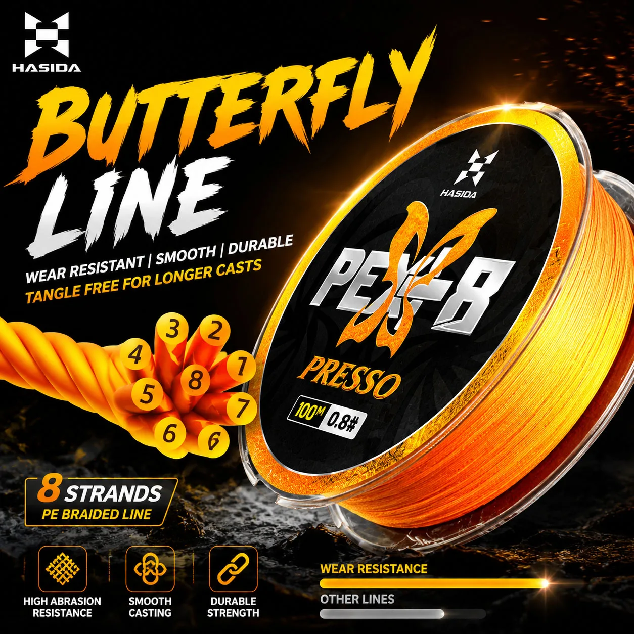 HASIDA Butterfly 100m 8Braided PE PEX+ Tech Standard Line Dia Smooth Soft Environmentally Friendly 0.6-5.0 #   Ligne de pêche anti-UV