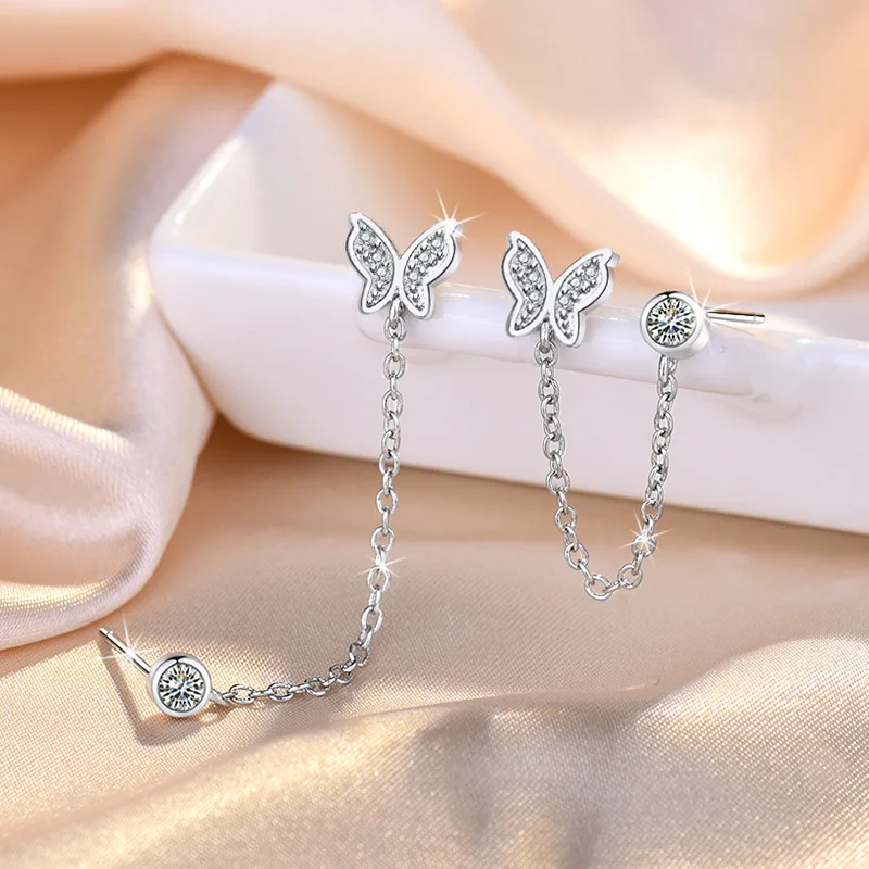 KOFSAC Temperament Sweet Double Perforation Butterfly Earrings For Women 925 Sterling Silver Studs Jewelry Girl Birthday Gifts