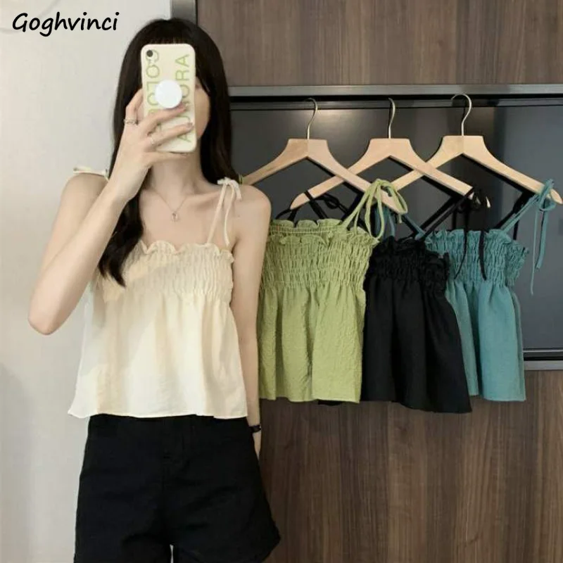 Camis Women Harajuku Summer Female Casual Folds Loose Popular 4-colors College Gentle Literary Solid Daily Hotsweet Sleeveless