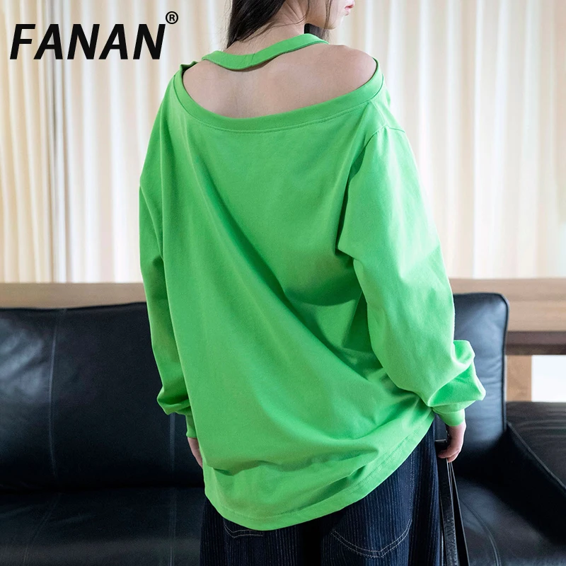 FANAN Women Long Sleeve T‑Shirt Off Shoulder Halter Back Cutout Loose Oversized Casual Streetwear Ladies Top Autumn New