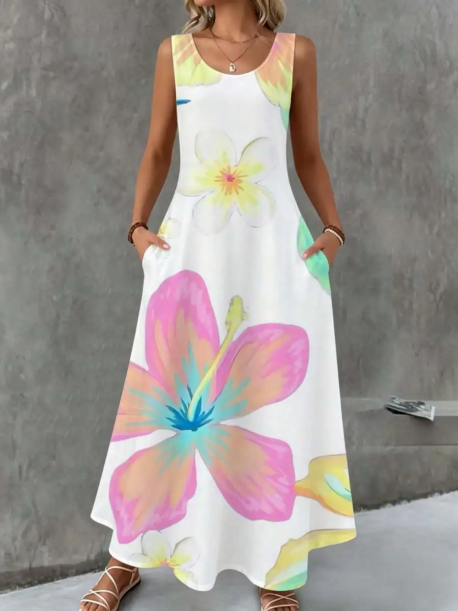 

Floral Maxi Dress White Colorful Hibiscus Print Summer Beach Wear
