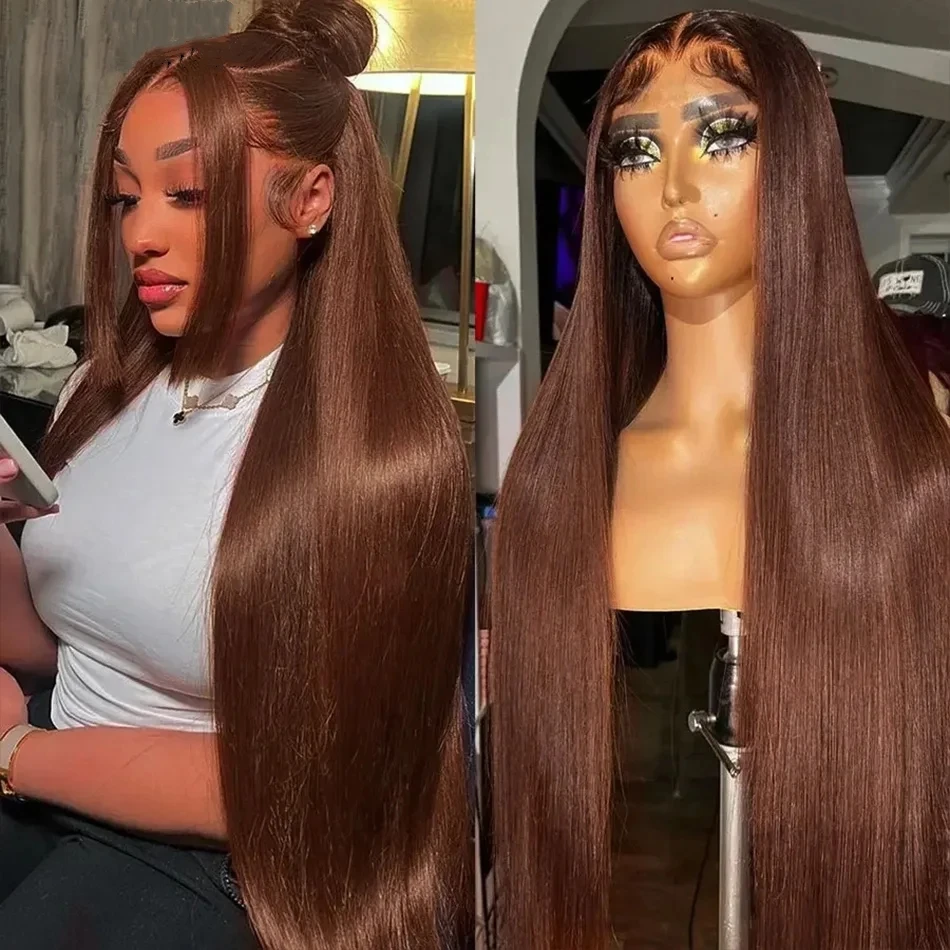 

#4 Chocolate Brown Straight Lace Frontal Human Hair Wig 13x4 HD Lace Frontal Wig Pre Plucked #4 Colored 46 Inches Wigs For Women