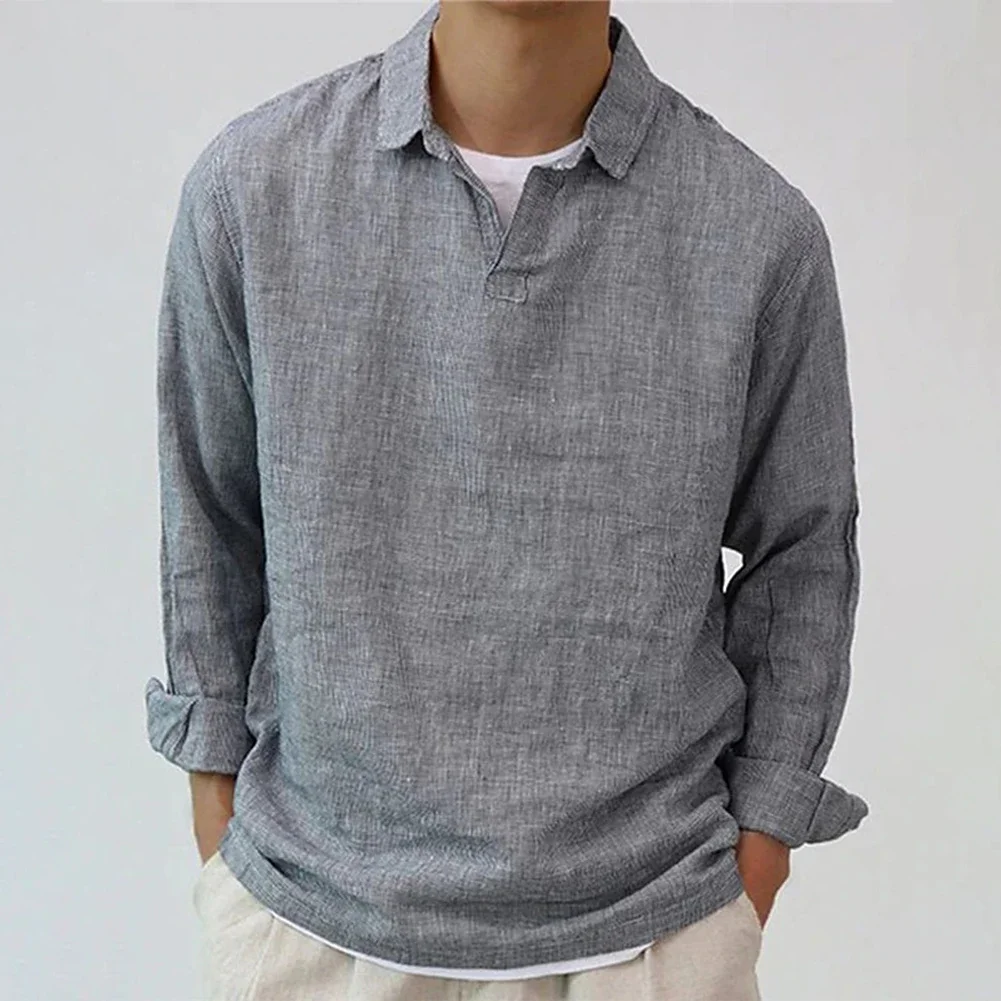 

Men Autumn Linen Neck Long Sleeve Lapel Street Wear T Shirt Solid Color Casual Shirt Blouse Tops Men‘s Vintage Vacation Blouse