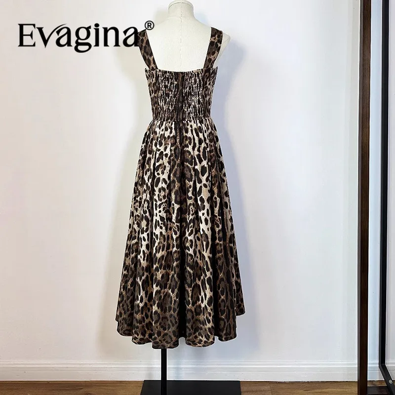 Evagina Fashion Design New Women's Leopard Print Sling Sweetheart Neck Collar cinching Waist Sexy Big Swing Temperament Dress