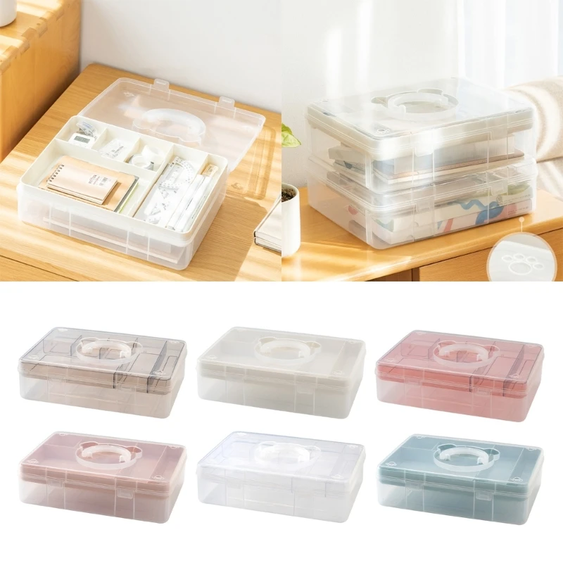 

Double Layer Stackable Carry Box Clear Plastic Storage Box with Handle for Stationery, Scrapbooking, Art Craft