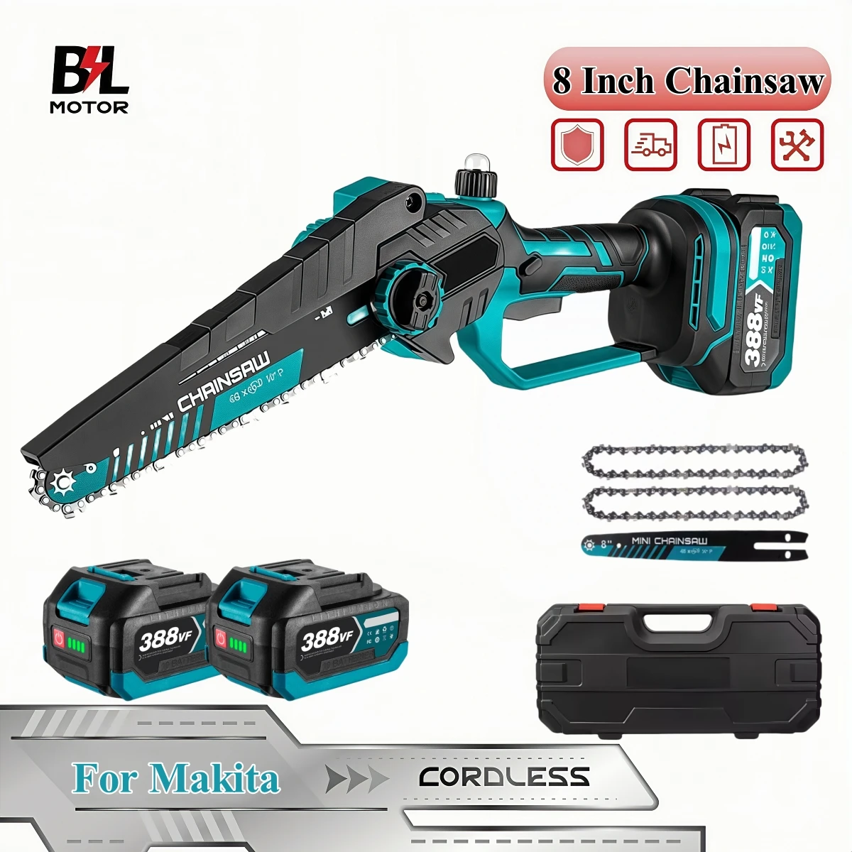 

Newly 8 Inch Brushless Electric Saw W/ 2PCS Chains Cordless Woodworking Garden Pruning Chainsaw Set For Makita 18V Battery Pin