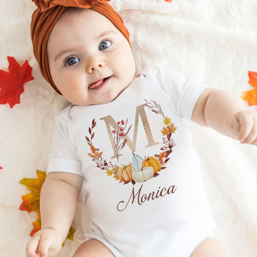 

Personalised Thanksgiving Baby Bodysuit Pumokin Initial with Name Infant Outfits Fall Festive Toddler Jumpsuit Newborn Clothes