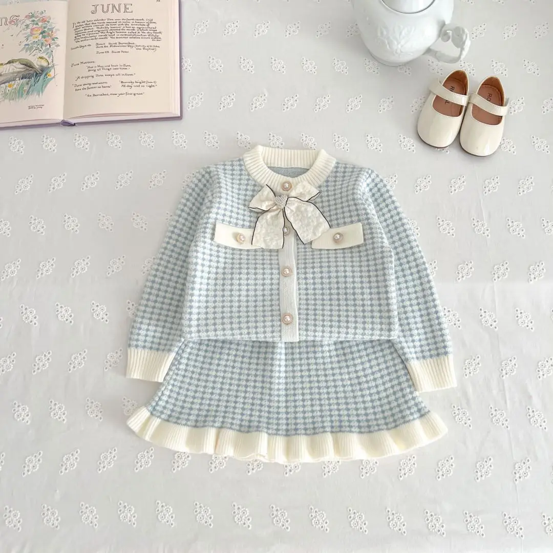 

Pockets Matching Checkered Kid Skirt Ruffled Hem Outfit Children Dress Girl Checkered Knitted Cardigan Bow Tie Pearl Buttoned
