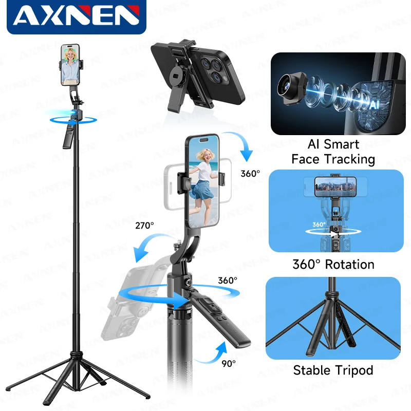 AXNEN 64inch 360° Rotation AI Face Tracking C17 Gimbal Selfie Stick Tripod Balance Handle Quadrapod Multi-function Remote