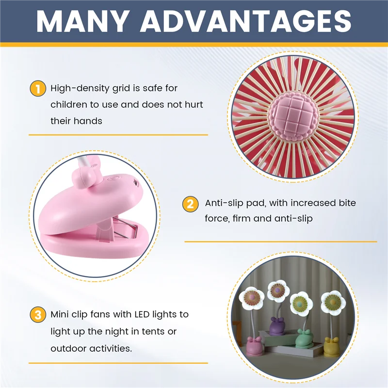 YANA35R USB Rechargeable Clip On Fan Cute Design Flower Clip On Fan 360° Rotate Cooling Fan With LED Lights For Stroller Camping
