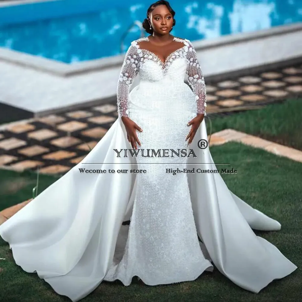 

Aso EbI Mermaid Wedding Dresses For Bride Plus Size Sparkly Crystals Beading Lace Bridal Gowns Customized Women Party Clothing