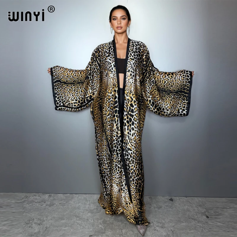 WINYI leopard print kimono Caftan fashion Cardigan evening dress abaya dubai luxury cover-ups beach outfits women party dress