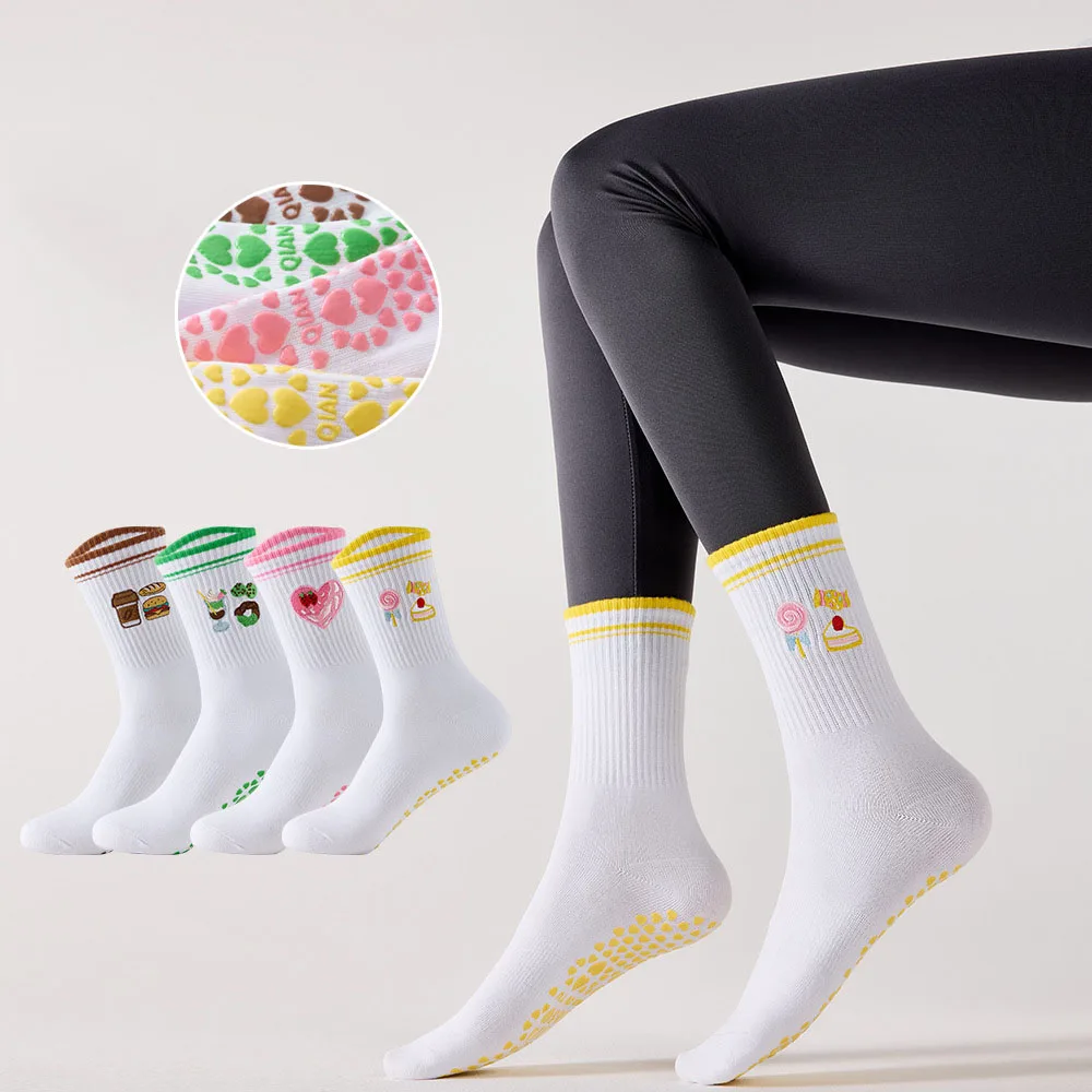 

Yoga Socks Women Cotton Embroidered Heart Silicone Non-slip Grip Pilates Crew Socks