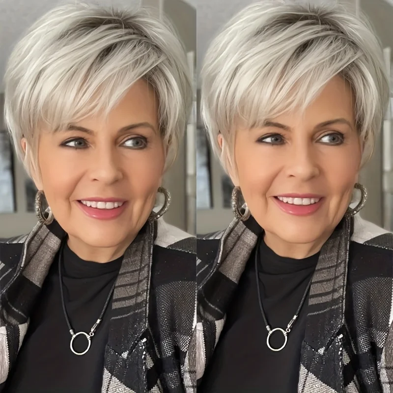 Women's Fashion Synthetic Wig - Natural Gray Short Straight Layered Bob, Suitable for Everyday and Special Occasions