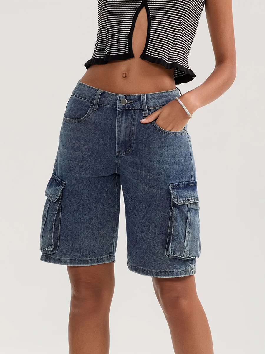 Wsevypo-Short denim décontracté pour femmes, pantalon court en denim, couleur unie, taille moyenne, avec boutons, avec poches, pour streetwear 03/