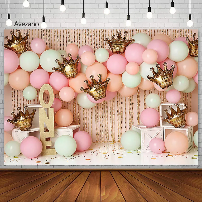 Avezano Girl 1st Birthday Portrat Photography Background Pink Balloon Golden Crown Cake Smash Decor Backdrops Photozone Props