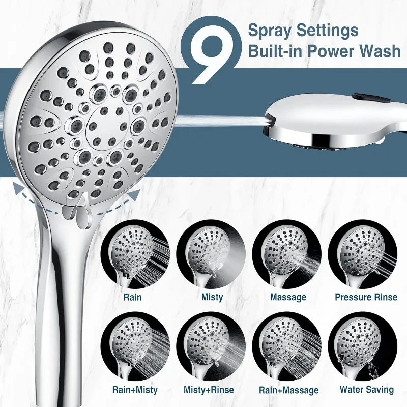 Rain Shower Head with Handheld Spray Built-in Power Wash, High Pressure Dual Shower Head with Height Adjustable Extension Arm