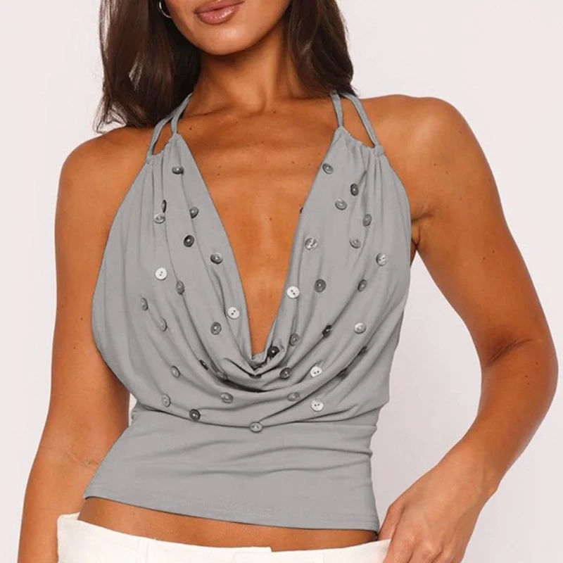

Summer Women's New Sexy and Elegant Swinging Collar Button Strap Hanging Neck Strap Tank Top