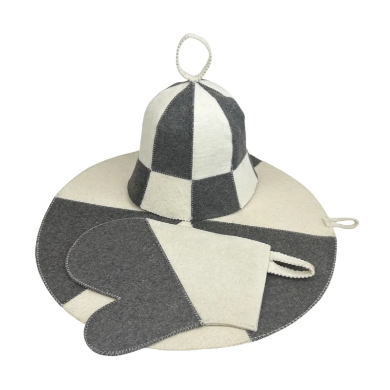3 PCS Wool Felt Sauna Hats Set for Russian Banya Wool Glove and cushion for Sauna Steam Room Grey