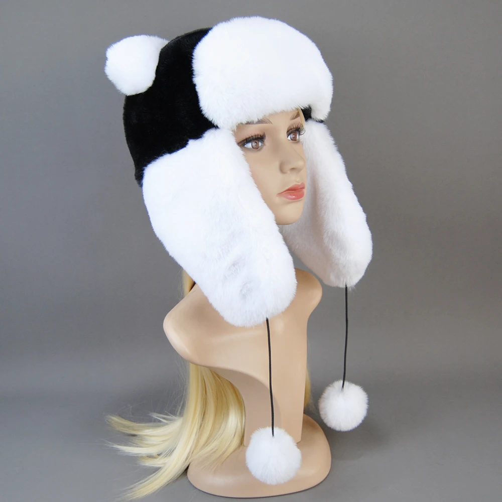 Hot Sale New Women False Rex Rabbit False Fur Hat Winter Warm Fur Hat Black and White Panda Cute Color Artificial Hat