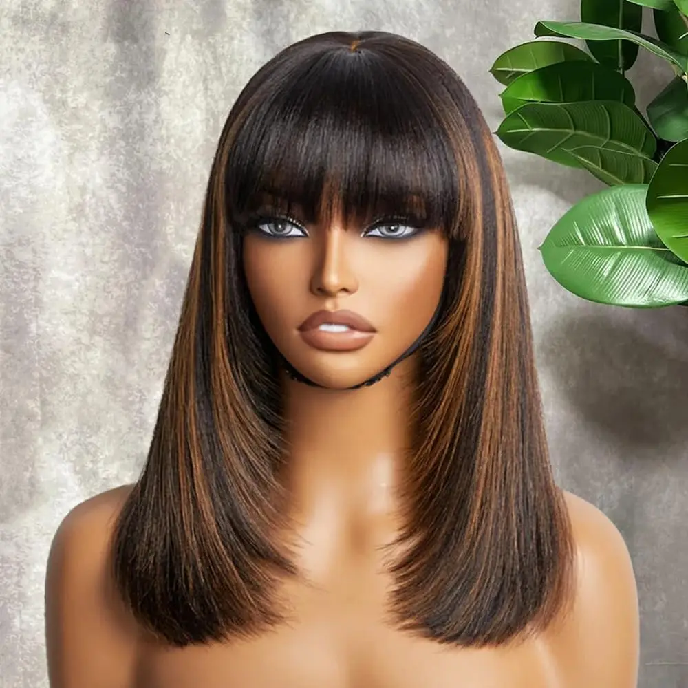 

12 Inch Short Bob Wig Human Hair With Bangs Highlight Ombre 1b/30 Color 2x1 Hd Transparent Lace Front Wigs Brazilian Human Hair