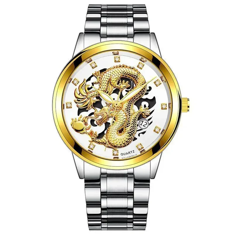 Fashion Mens Watches Embossed Gold Dragon Day Date Watch for Men Luxury Waterproof Male Clock Stainless Steel Quartz Wristwatch