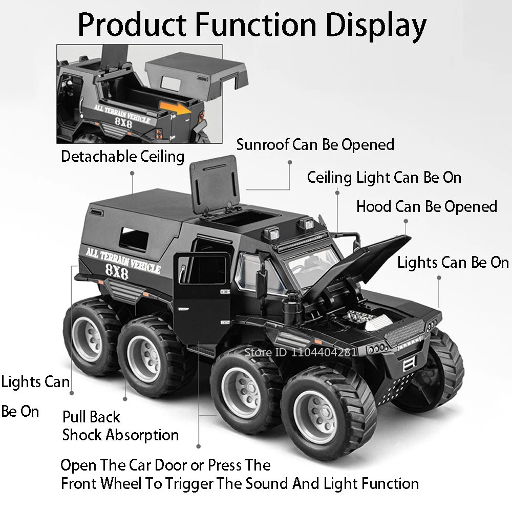 1:32 Russische Avtoros 8x8 Mammoth-Modelle, Druckgussautos, Spielzeug, Türen, geöffnetes Sound, Licht, zurückziehbare Miniaturfahrzeuge, lustiges Geschenk für Jungen