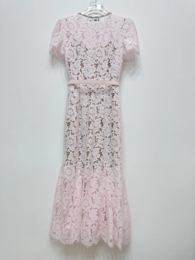 Summer Luxury Formal Evening Lace Dresses Women Single Breasted Bead Bow Short Sleeve Elegant Mermaid Party Birthday Long Dress