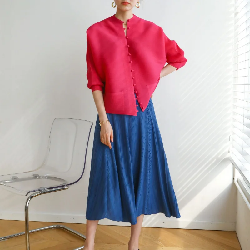 Miyake Autumn and Spring High-end pleated stand-up collar Long-sleeved large-sized loose single-breasted casual Top [2066]