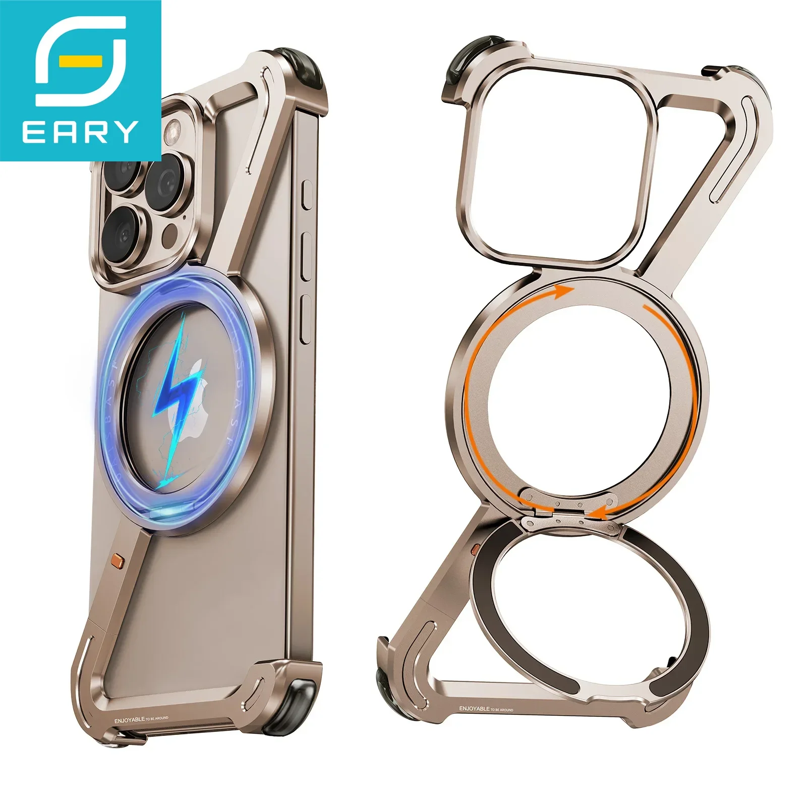 

Eary Z Shape for iPhone 16 15 Pro Max Phone Case 360° Rotatable Magnetic Ring Stand Frameless Metal Bezel Less Slim Bumper Cover