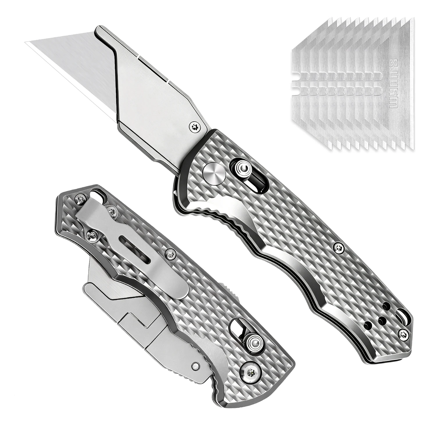 TGZUO Titanium Folding Utility Knife, EDC Pocket Knife with Clipk, Lightweight Box Cutter W/10PCS Razor Blades (TARGET DESIGNS)