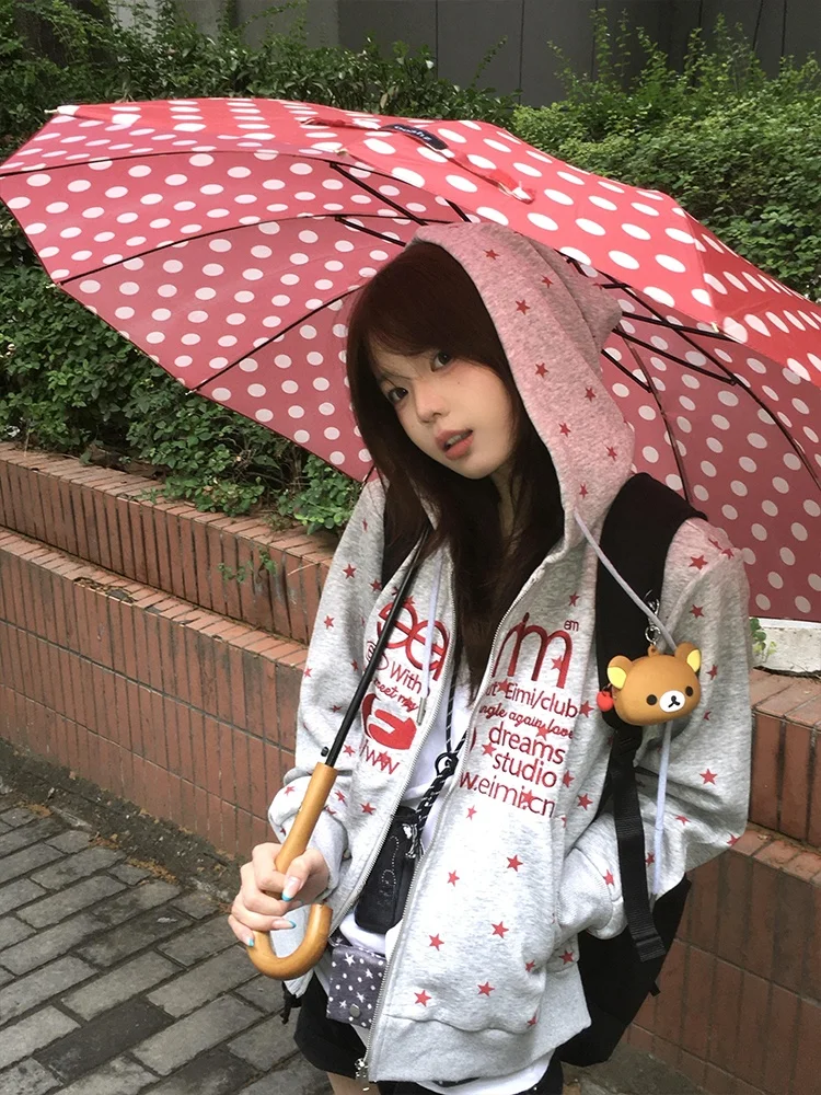 Suda con Capucha Bordada con Estampado de  Americana Retro, Cárdigan Hoado con Cremallera para Mujer, Prenda Ex...