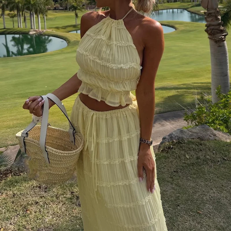 

Casual Sexy Backless Camisole & Half Skirts Set Summer Ruffles Sleeveless Vacation 2 Piece Women Elegant High Waist Solid Outfit