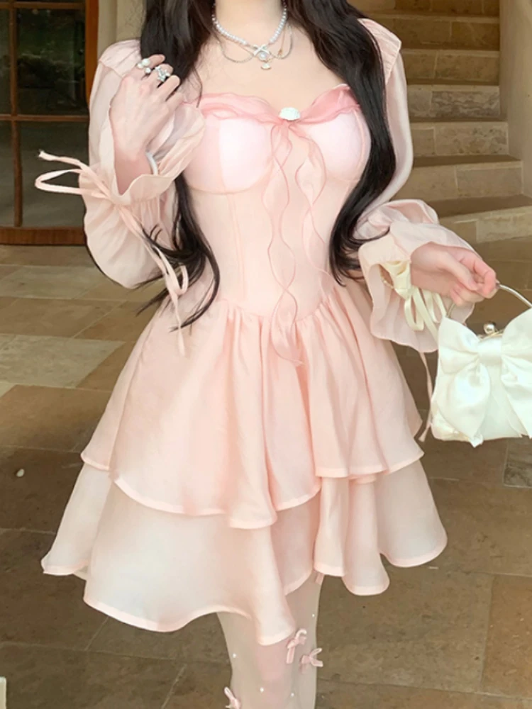 Fairy Sweet Bow Long Sleeve Dress Kawaii Grunge Lantern  Dresses Korean Y2k Aesthetic Ball Gown Square Collar Robe Women