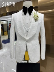 Patterned Elegant White Man Suit Jacket Vest Pants Fashionable 3-pieces Shawl Lapel Groom Wear Modern Glam Tuxedo Chic Set