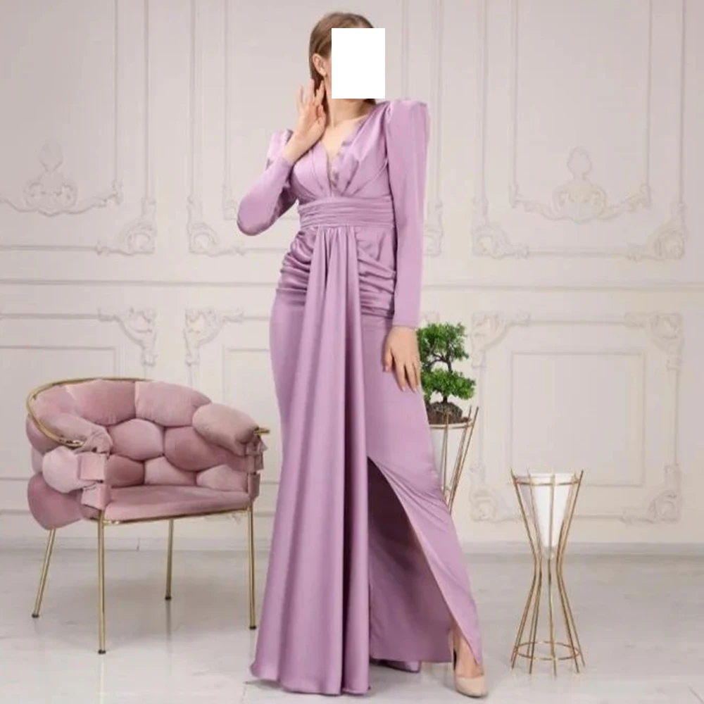 

elegant luxury evening dress 2024 Ribbons V-Neck Front Silt Zipper Back Purple Pleats Floor Length Long Sleeve Saudi Arabia