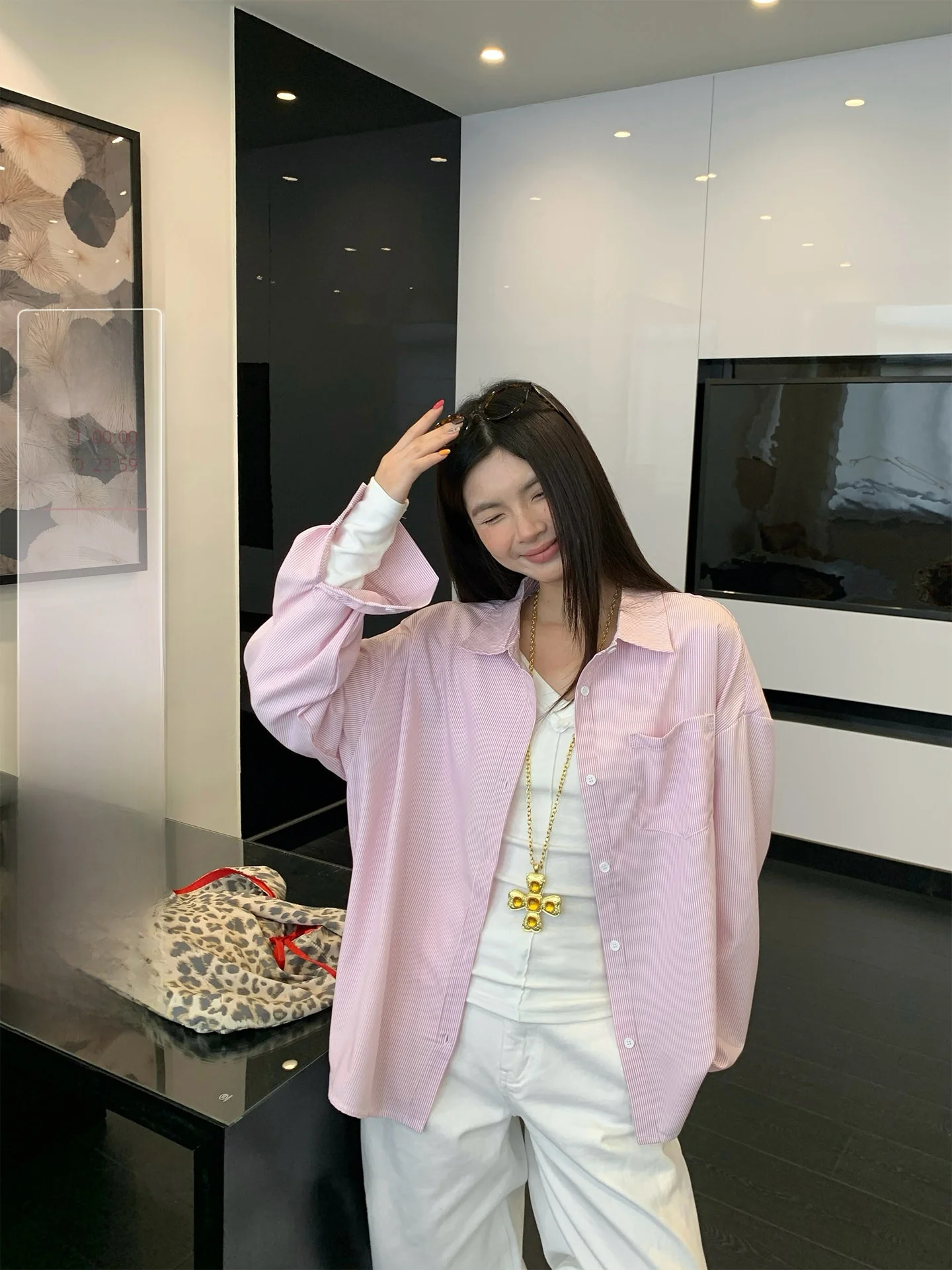 

Spring Pink Striped Loose Long Sve irt Women's Outerwear Anti-Aging Beautiful Top Coat Korean Sle Ele Faion