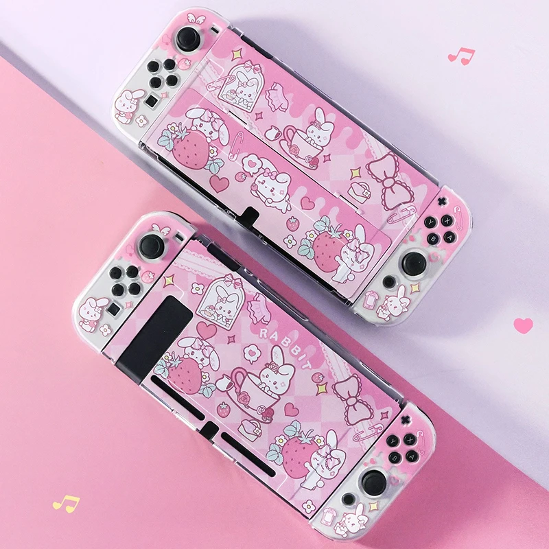 

Cute Pink Rabbit Hard PC Skin Switch Cover Protective Case for Nintendo Switch Oled Console Joy-Con Controller Housing Shell