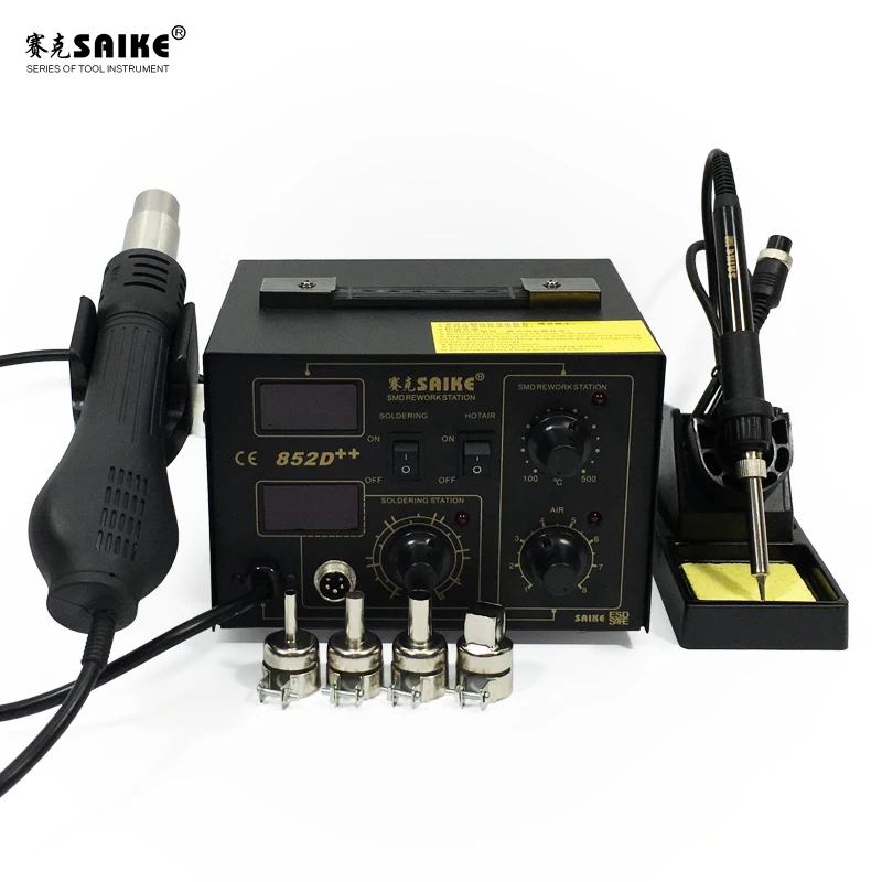 

Saike 852D++ Hot Air Rework Station soldering station 220V/110V BGA De-Soldering 2 in 1 with Supply air gun rack ,and many gifts