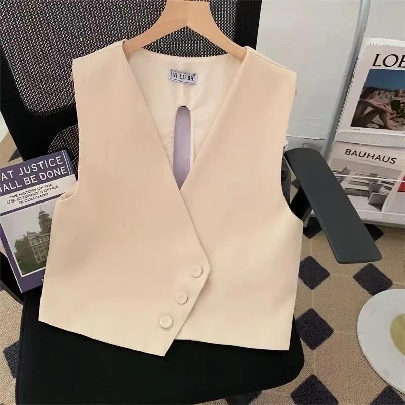 

Design V-neck Waistband Blazers Vest Women Coat Sleeveless Cardigan Cropped Jackets Hollow Out Irregular Waistcoat Thin Crop Top