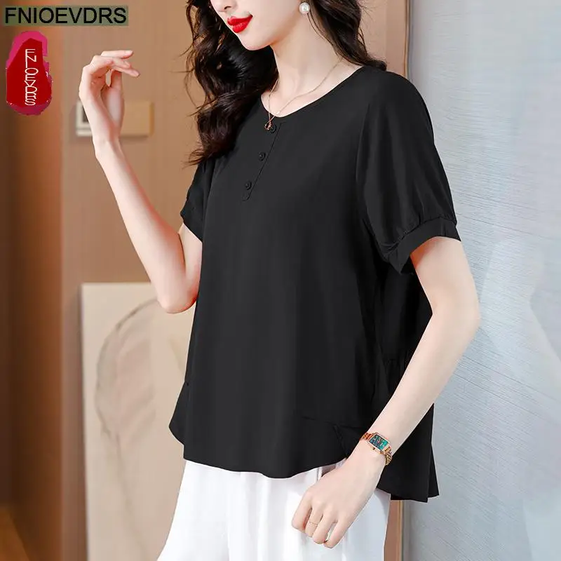 M-4XL Loose Clothes 2024 Summer Cotton Tops Short Sleeve Women Basic Wear Casual Black Orange Retro Vintage Shirts Blouses