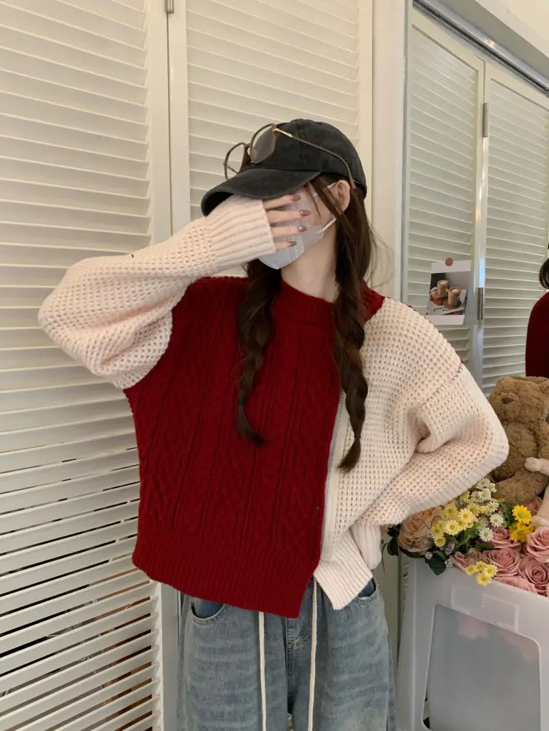 Colorblock zipper twist sweater jacket for women in spring, autumn and winter, loose short knitted cardigan top for small people