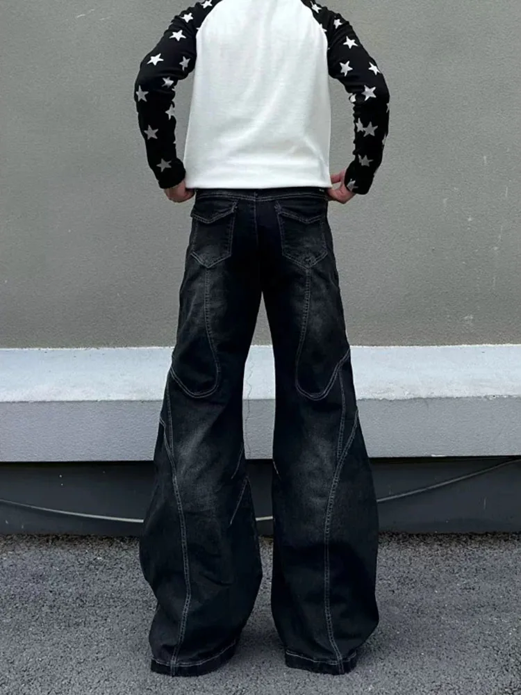 American Strap Design Flared Jeans 2026 Autumn New Casual Fashion High Street Men's Patchwork Washed Black Denim Pants