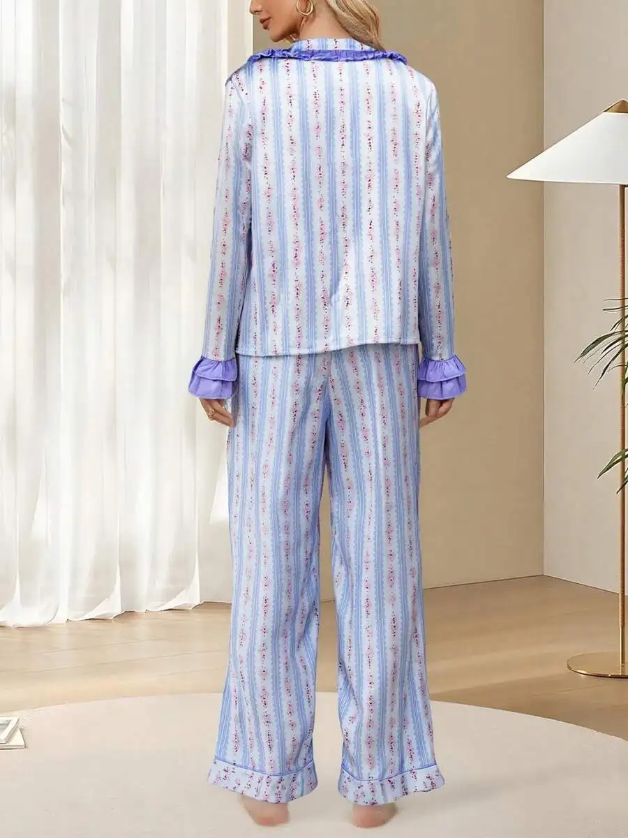 

Women 2 Piece Floral Striped Pajama Set Ruffle Long Sleeve Lapel Top With Elastic Waist Wide Leg Pants
