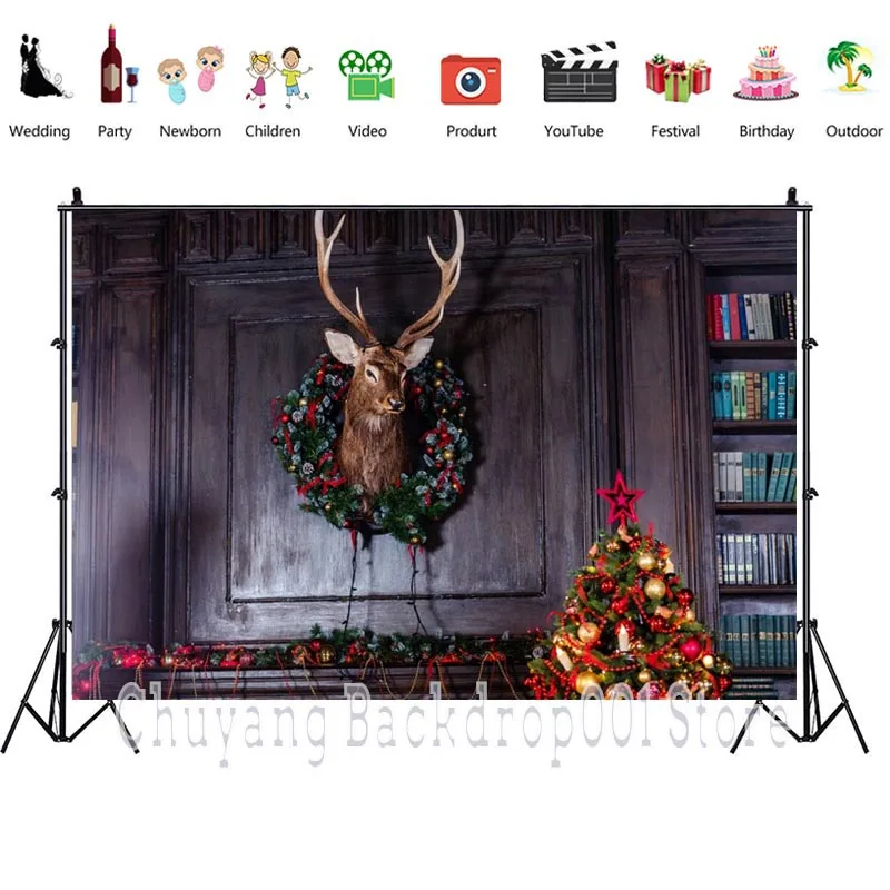 Photo Studio Props Photography Backdrop Christmas Decoration Take Pictures Deer Tree Bookcase Vinyl Background